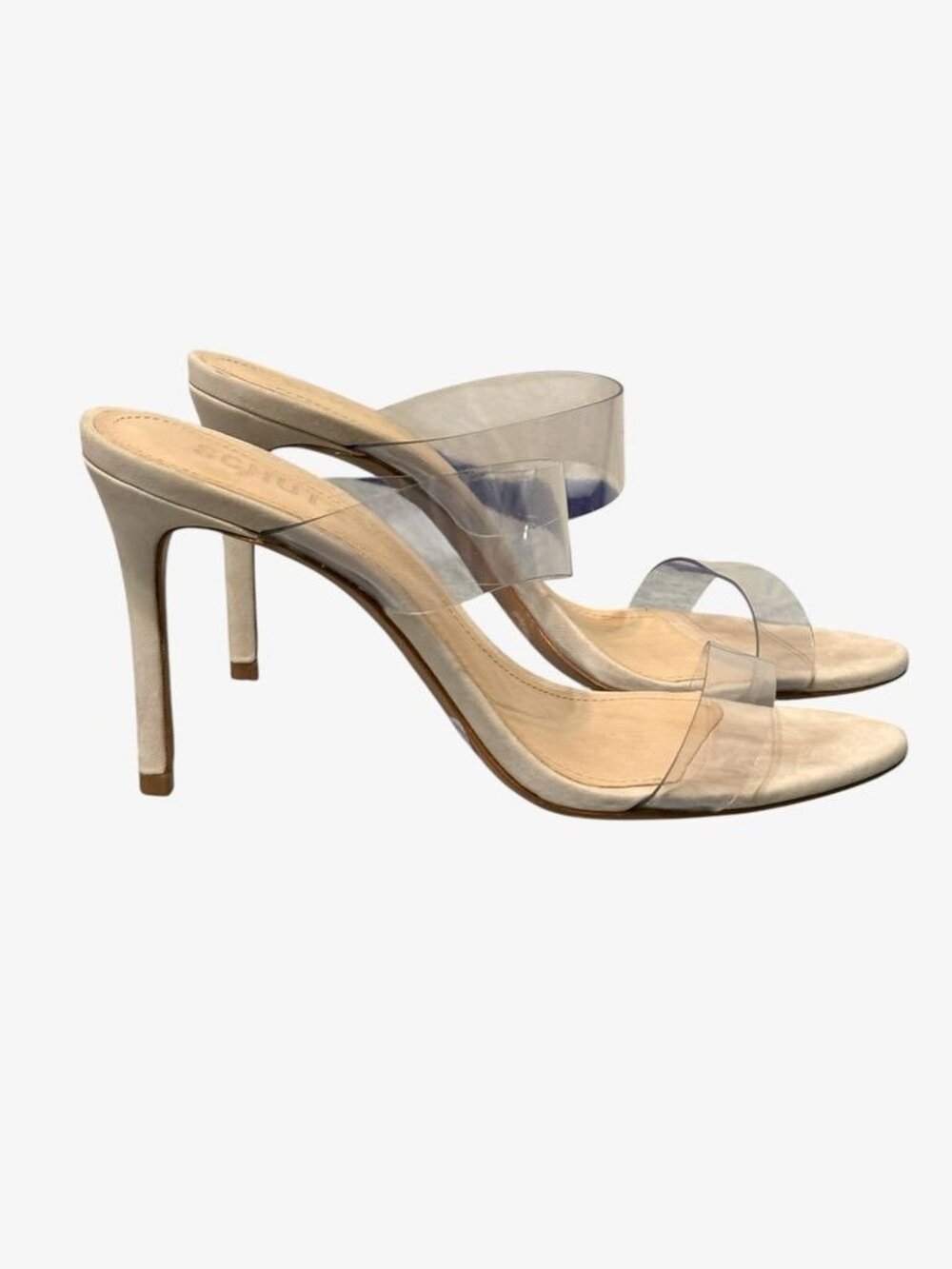 Schutz Ariella PVC Suede Stiletto Sandals 6.5 Clear Nude Oyster 7 Party Worn 1x - Picture 4 of 10